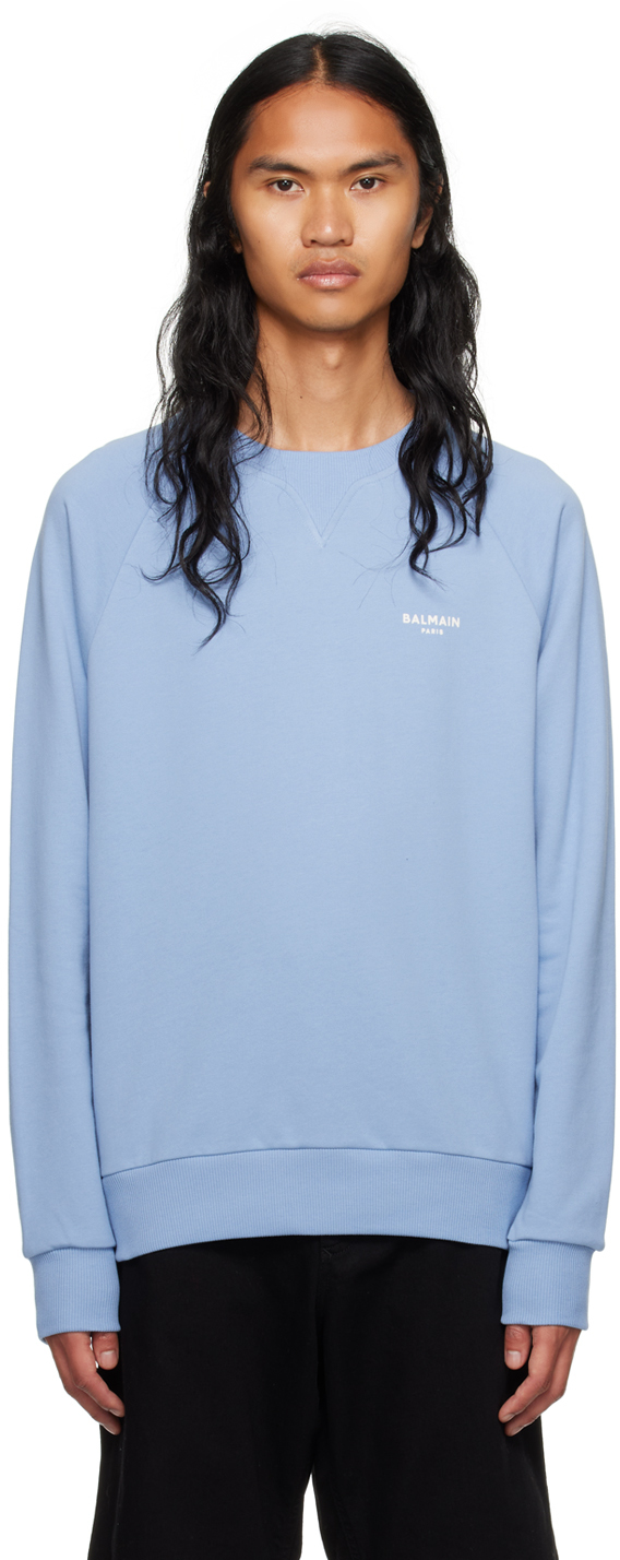 Balmain Logo-flocked Cotton-jersey Sweatshirt In Sgf Bleu Clair/ Natu
