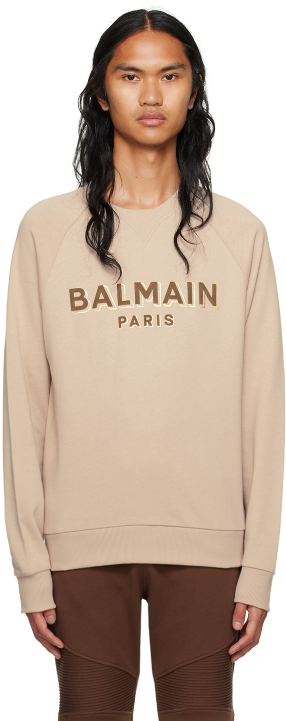 Shop Balmain Beige Flocked Sweatshirt In Gnq Nude/taupe/or