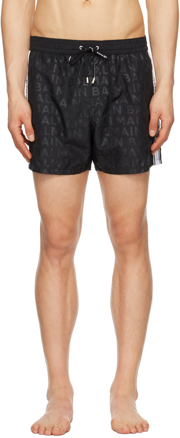 Balmain: Black Printed Swim Shorts | SSENSE Canada