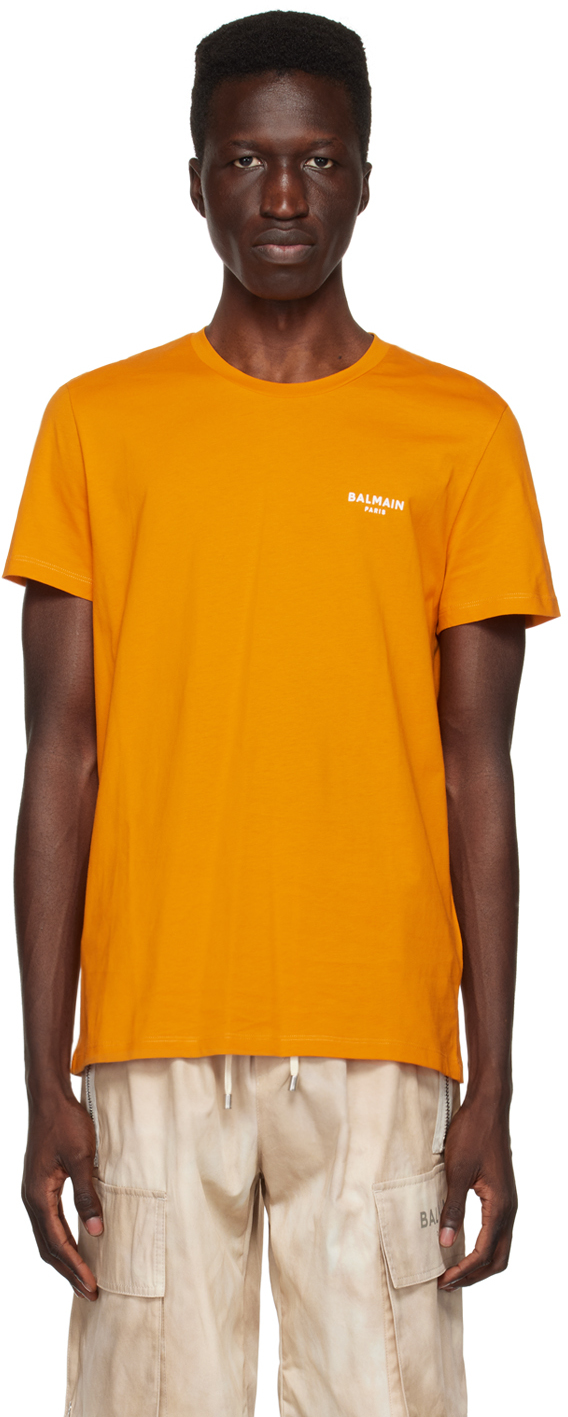 Shop Balmain Orange Flocked T-shirt In Kbj Orange Vif/blanc