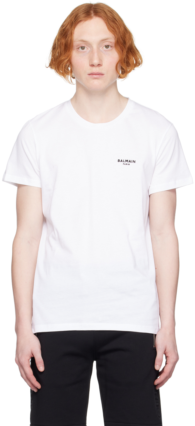 Balmain: White Flocked T-Shirt | SSENSE Canada