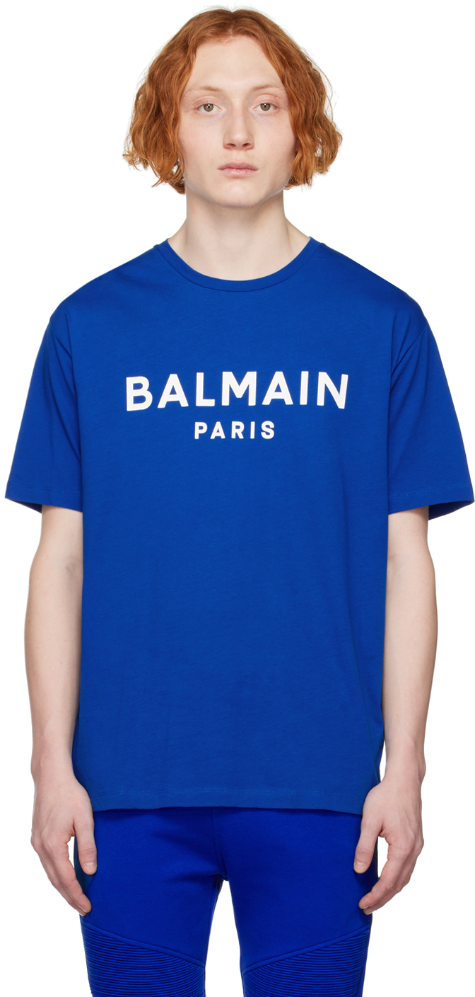 Shop Balmain Blue Printed T-shirt In Ser Bleu Électrique/