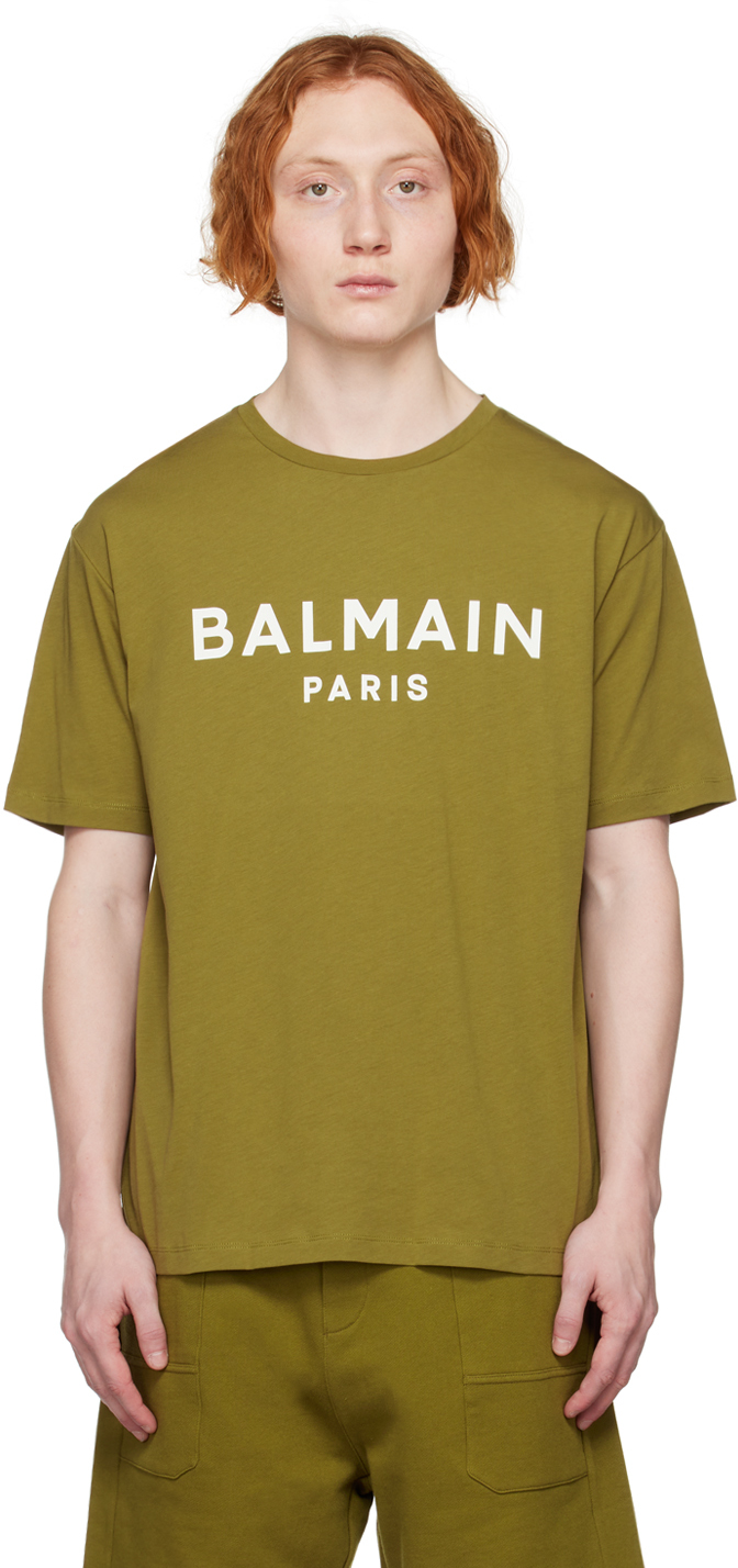 Balmain Khaki Printed T-shirt In Ueg Kaki/blanc Cassé