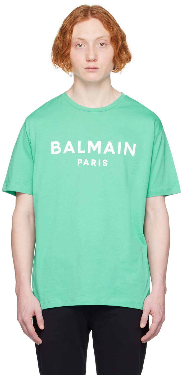 Balmain Green Printed T-shirt In Ude Vert D'eau/blanc