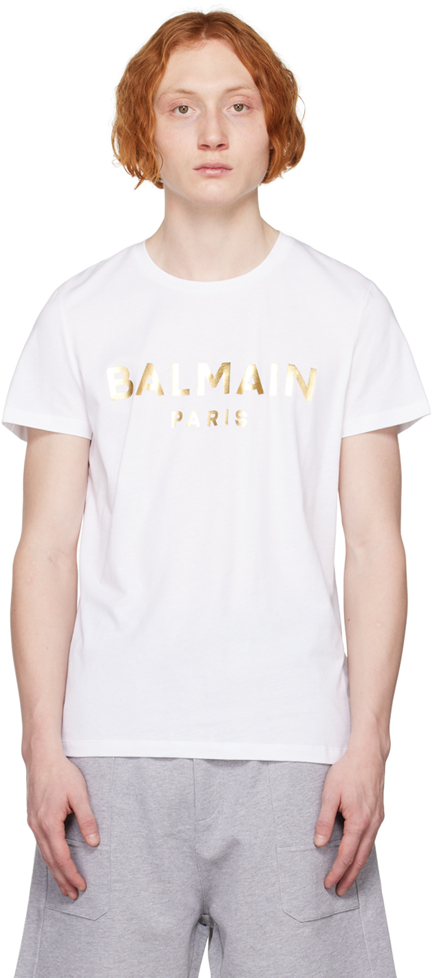 Balmain White Metallic T-shirt In Gad Blanc/or