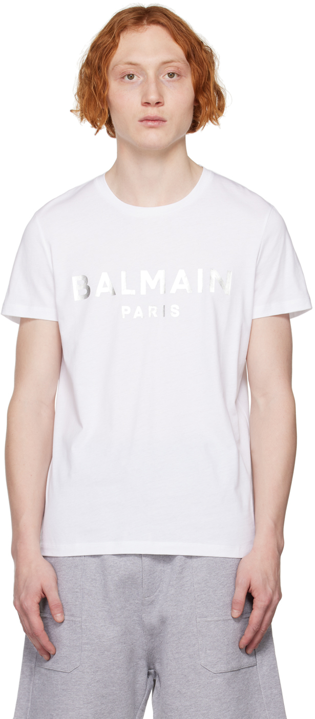 Balmain White Metallic T-shirt In Gac Blanc/argent