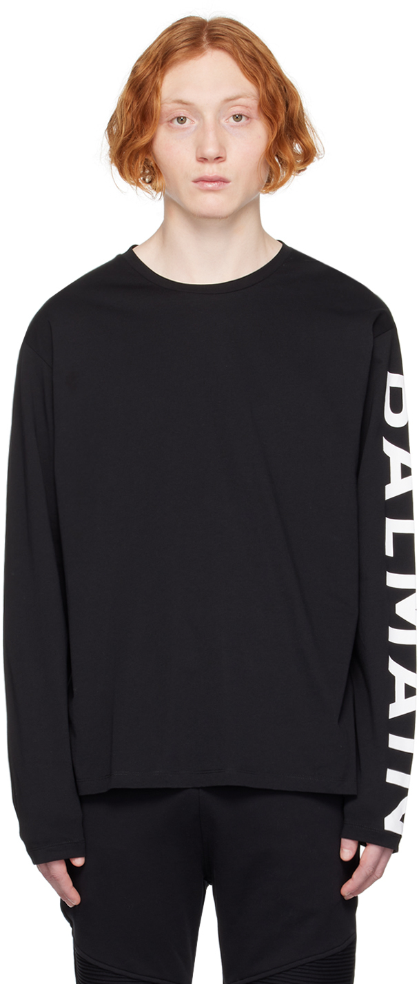 Shop Balmain Black Printed Long Sleeve T-shirt In Eab Noir/blanc