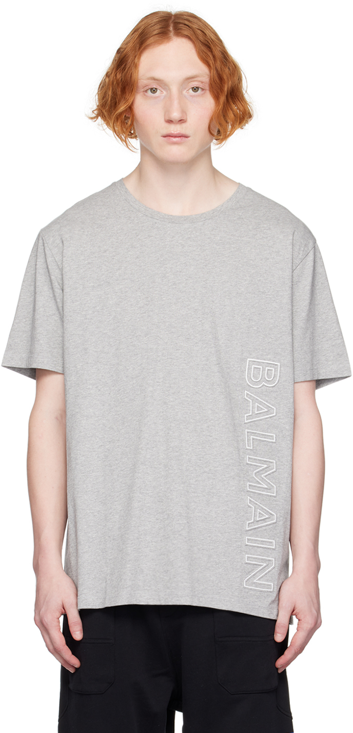 Balmain Men's Embossed Logo Bulky T-shirt In Gris Chine Blanc