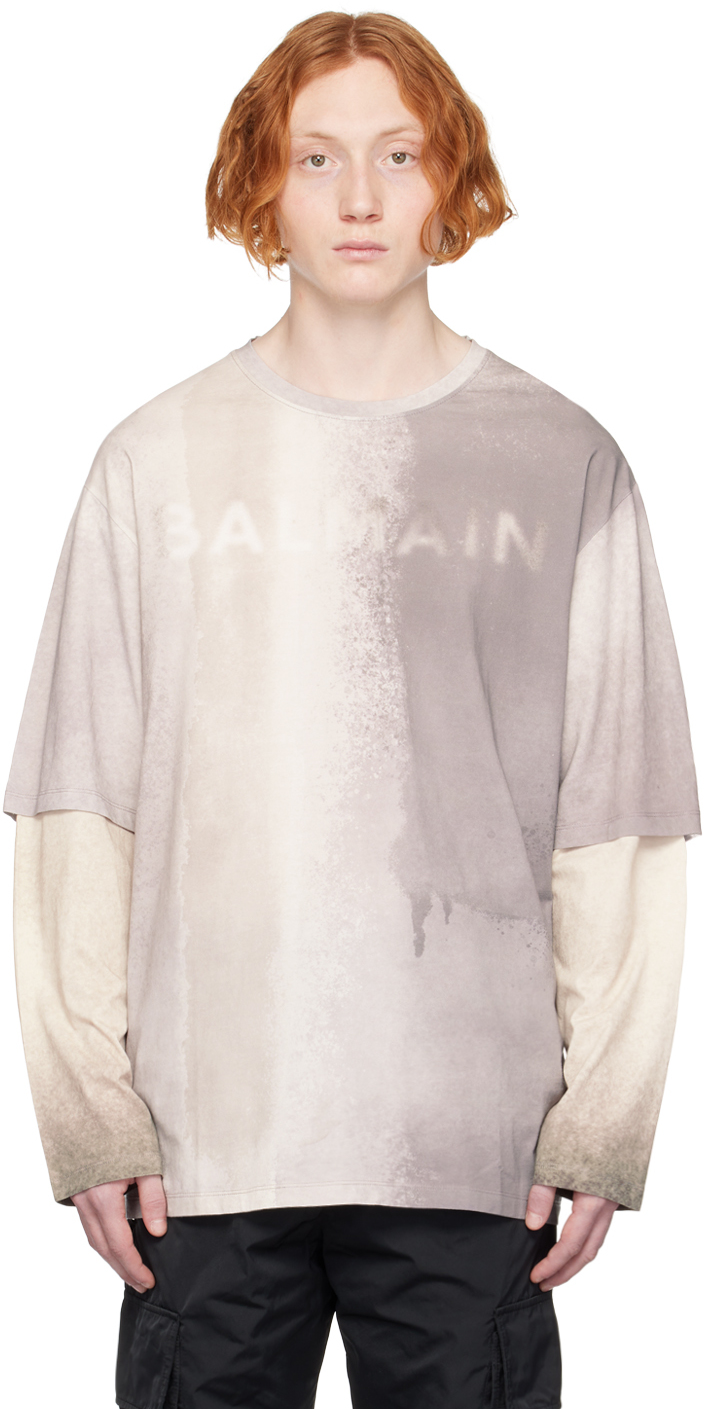 Balmain Gray Printed Long Sleeve T-shirt In Yfm Multi-gris/sable