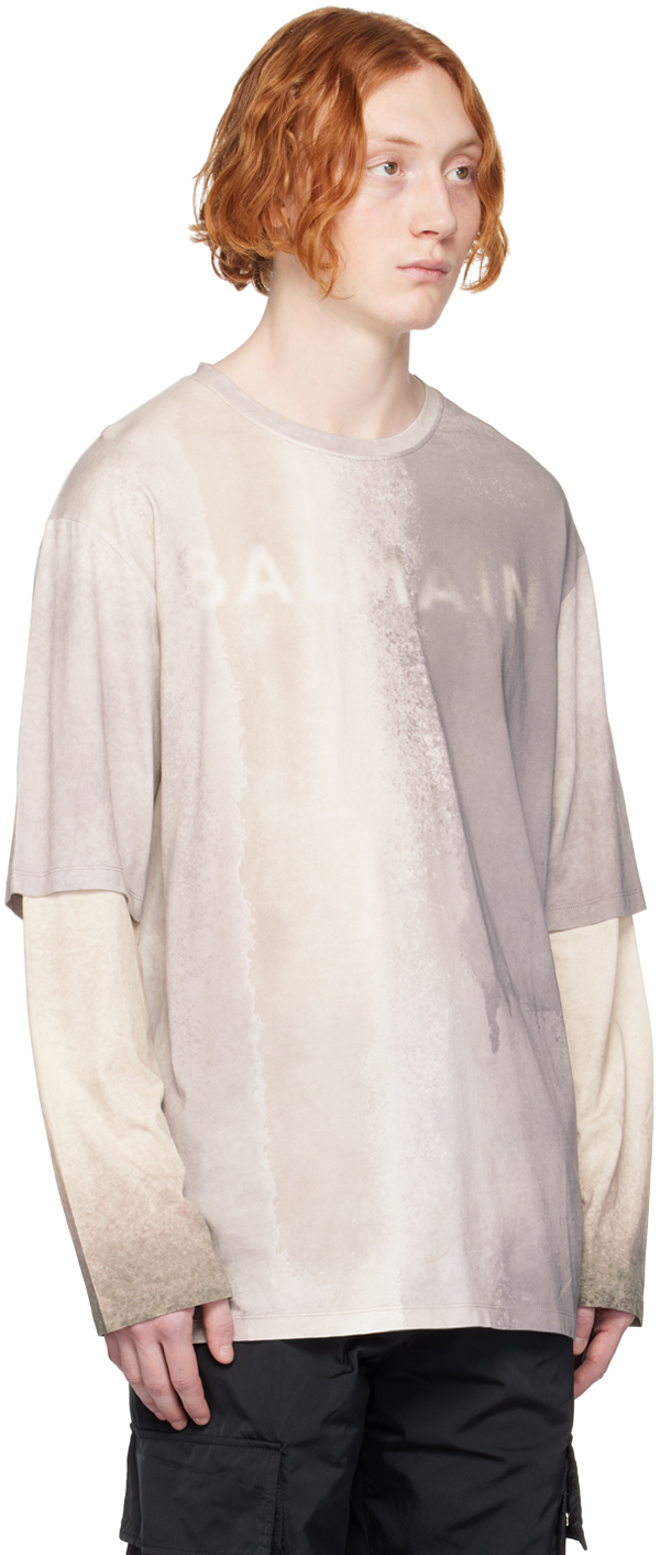 Balmain Gray Printed Long Sleeve T-shirt In Yfm Multi-gris/sable