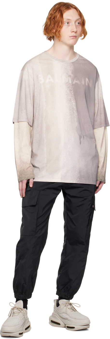 Balmain Gray Printed Long Sleeve T-shirt In Yfm Multi-gris/sable