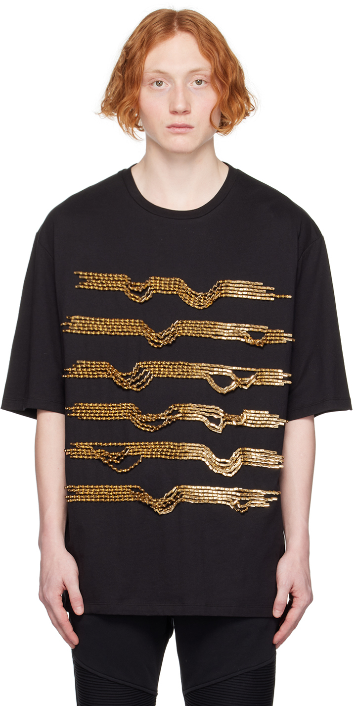 Balmain: Black Destroy Stripes T-Shirt | SSENSE