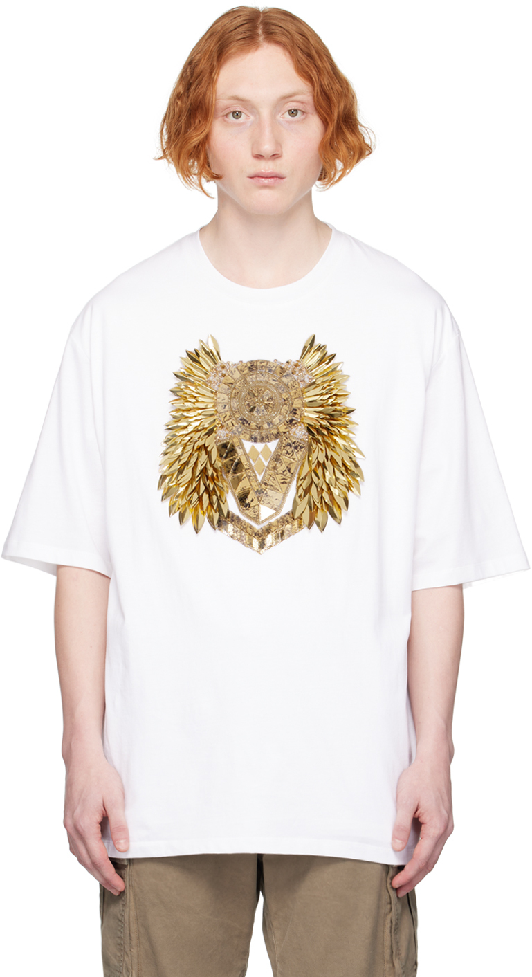 Balmain White Feather T-shirt In Gad Blanc/or