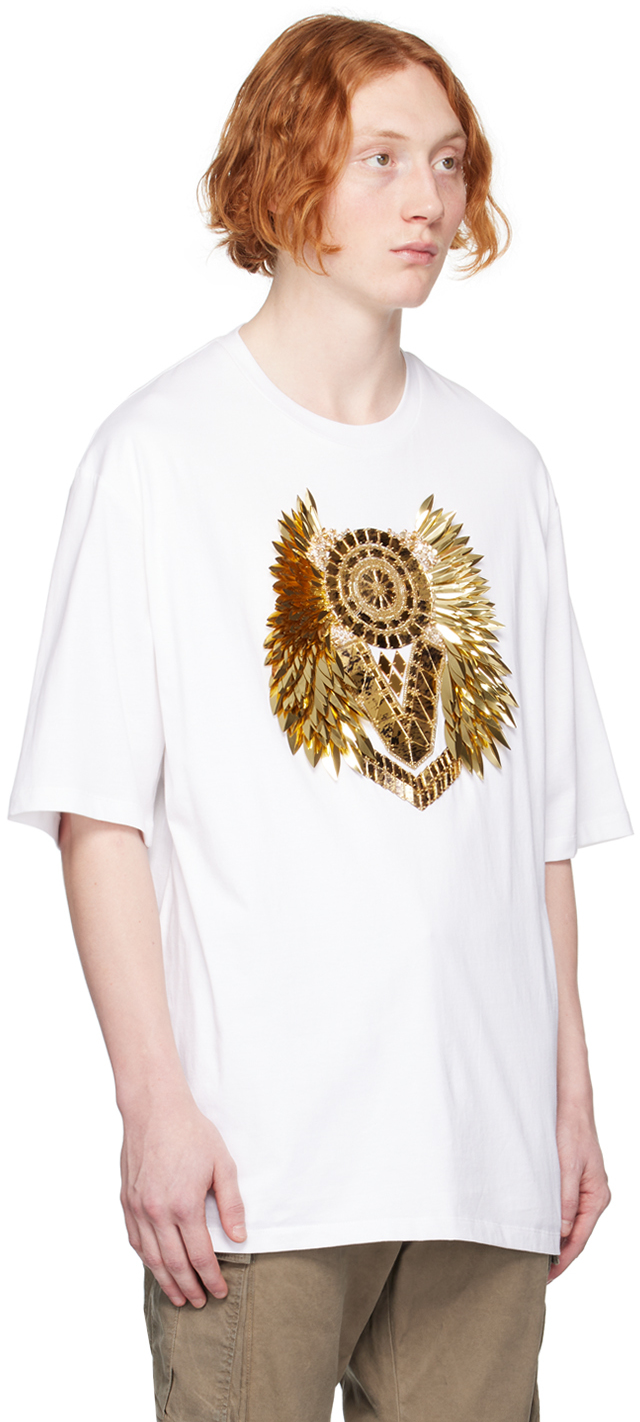 Balmain White Feather T-shirt In Gad Blanc/or