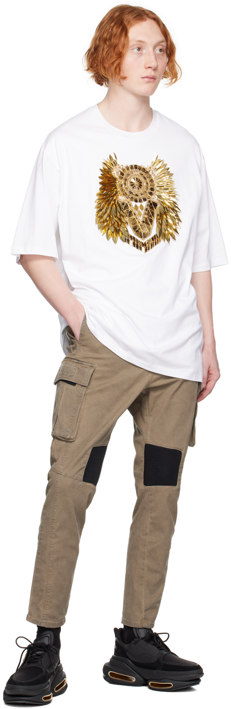Balmain White Feather T-shirt In Gad Blanc/or