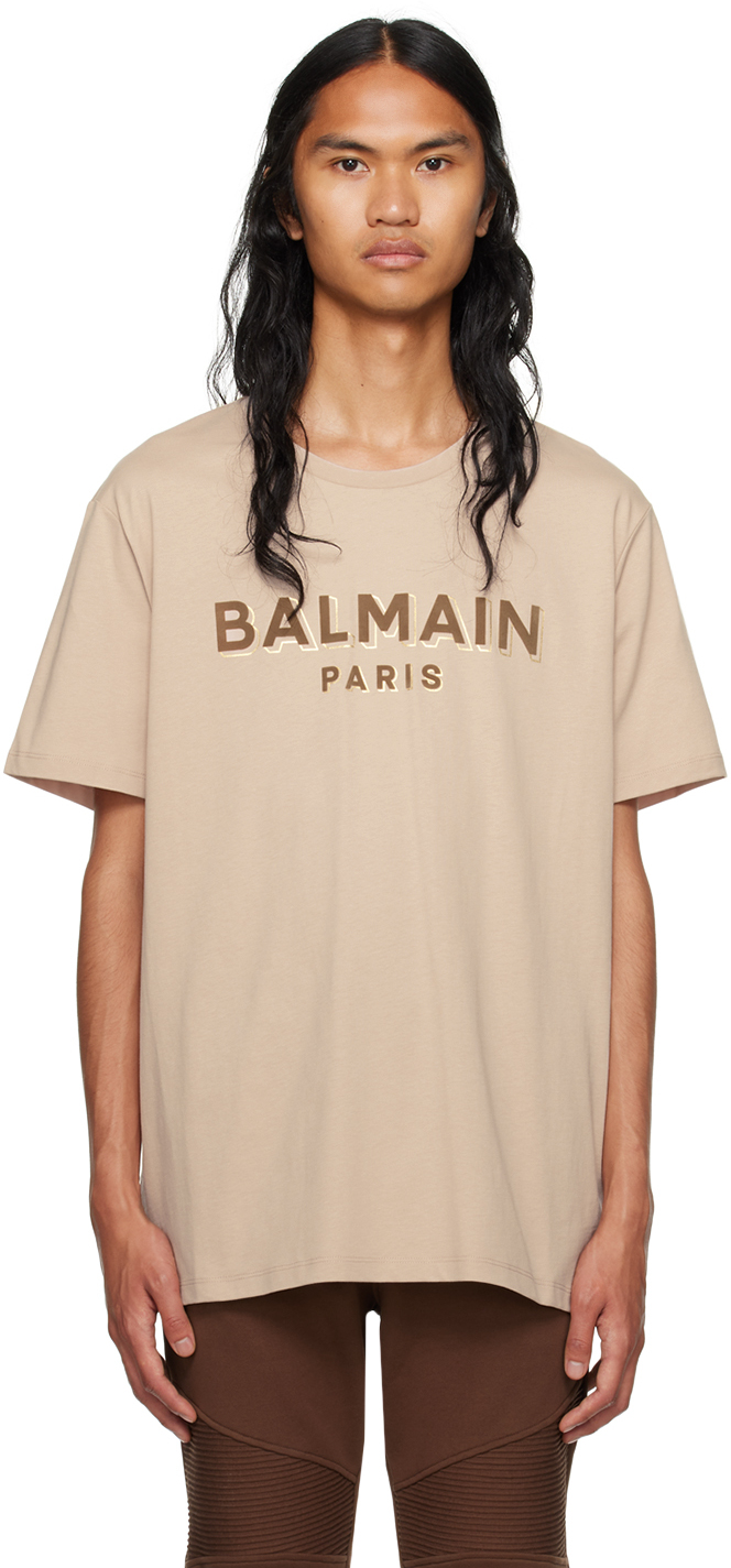 Balmain Beige Flocked T-shirt In Gnq Nude/taupe/or