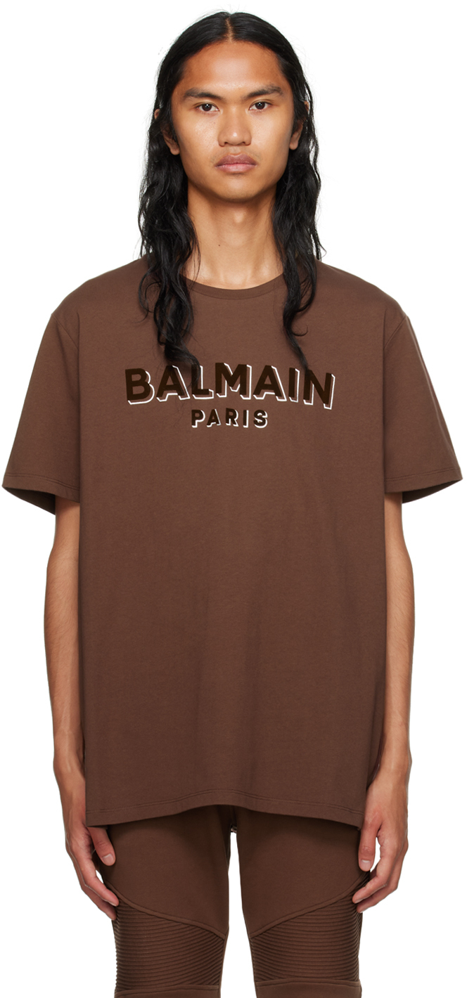 Balmain Brown Flocked T-shirt In Wcg Marron Chaud/mar