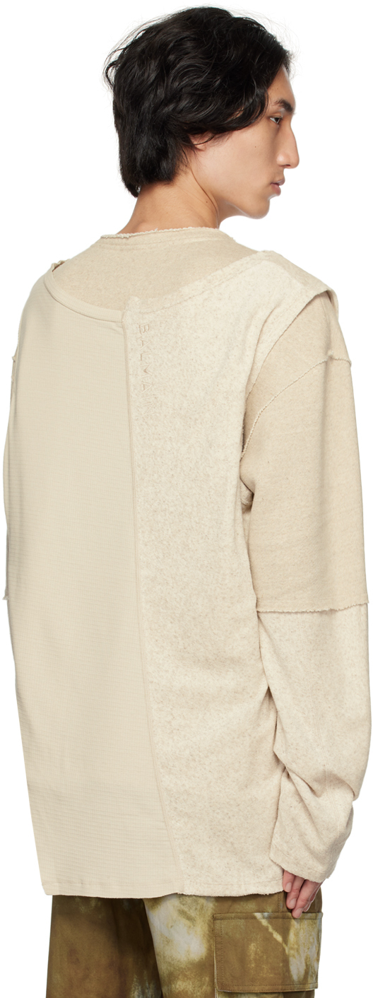 Balmain Beige Paneled Long Sleeve T-shirt In 0kf Ficelle