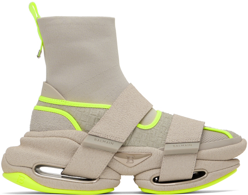 Balmain Beige & Gray B-bold Sneakers In Gjm Grege/jaune Fluo