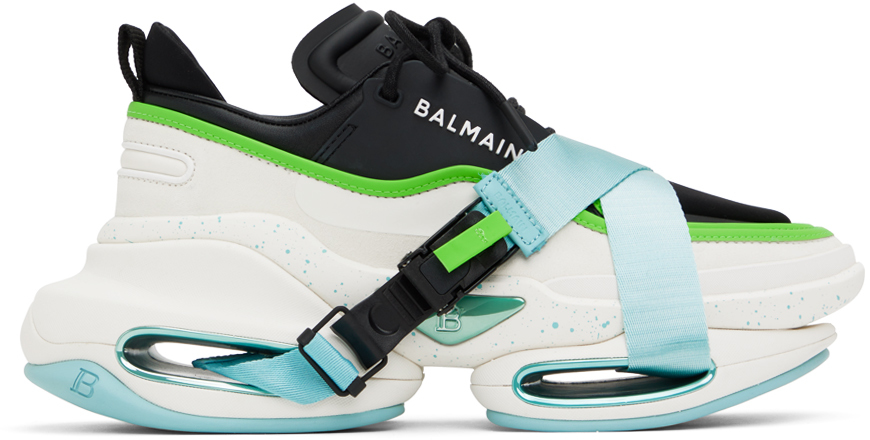 Balmain B Bold Low Top Sneakers In Noir Blanc Vert Fluo