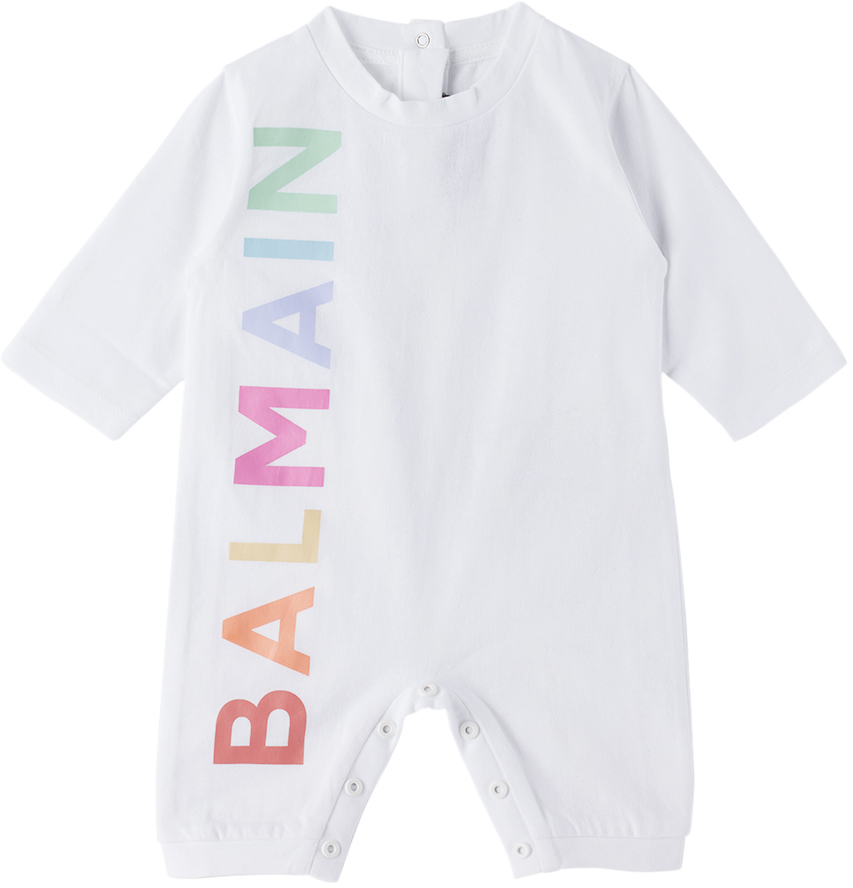 Balmain White Jumpsuit For Babykids With Colorful Logo