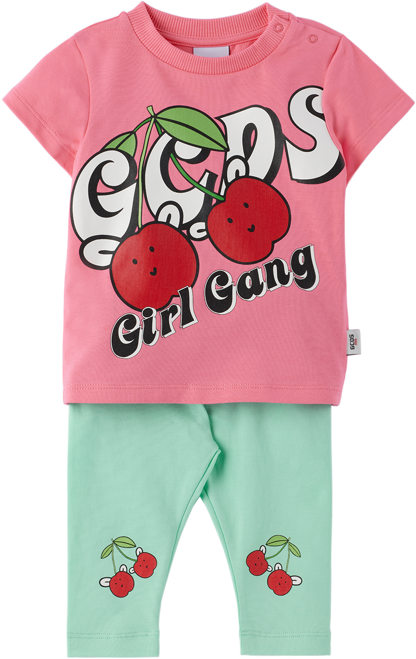 Gcds Baby Pink & Blue Graphic T-shirt & Leggings Set In Fuchsia,green
