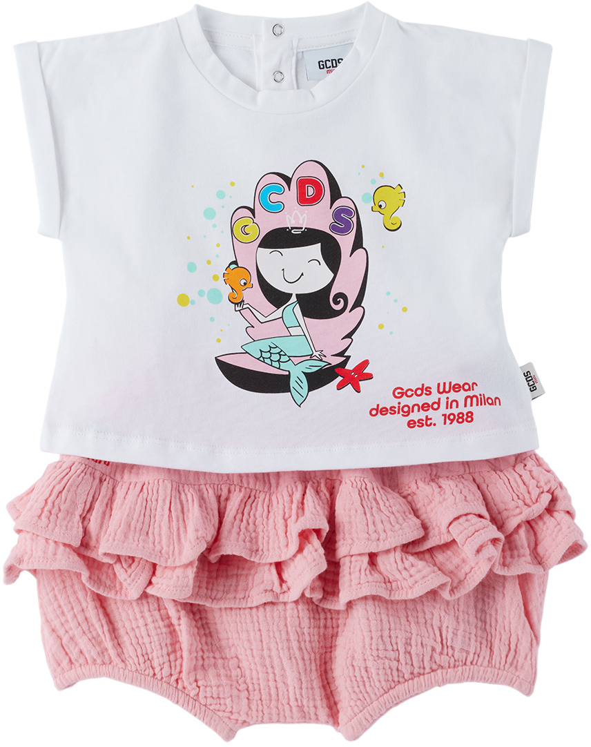Gcds Babies' Graphic-print Short-sleeved T-shirt Dress In 84533 White/quartz P