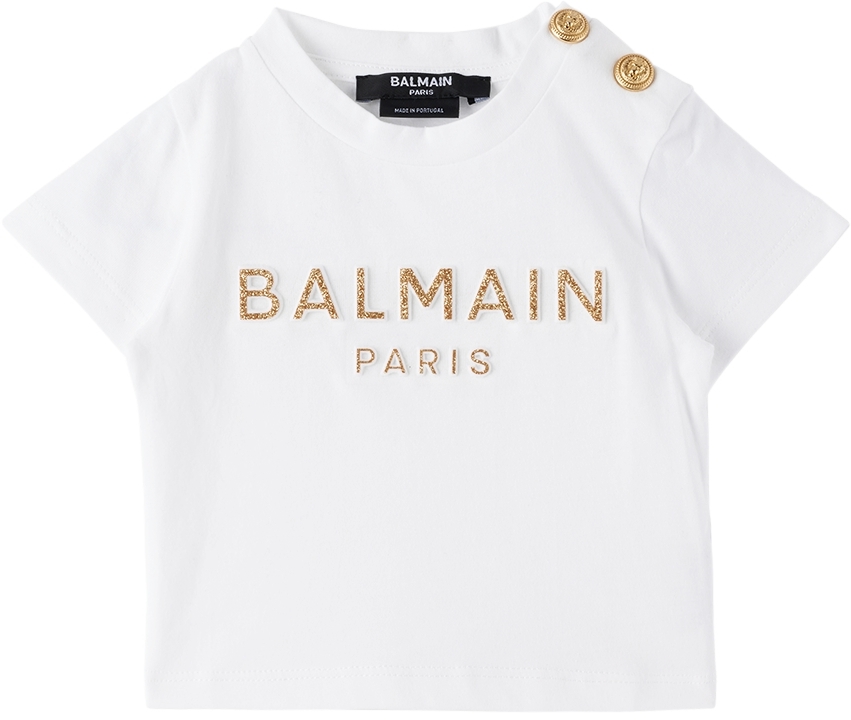 Balmain Baby White Glittered T-shirt In 100or Wht/gold