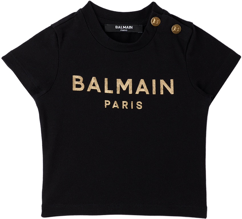 Balmain Baby Black Printed T-shirt In 930or Blk/gold