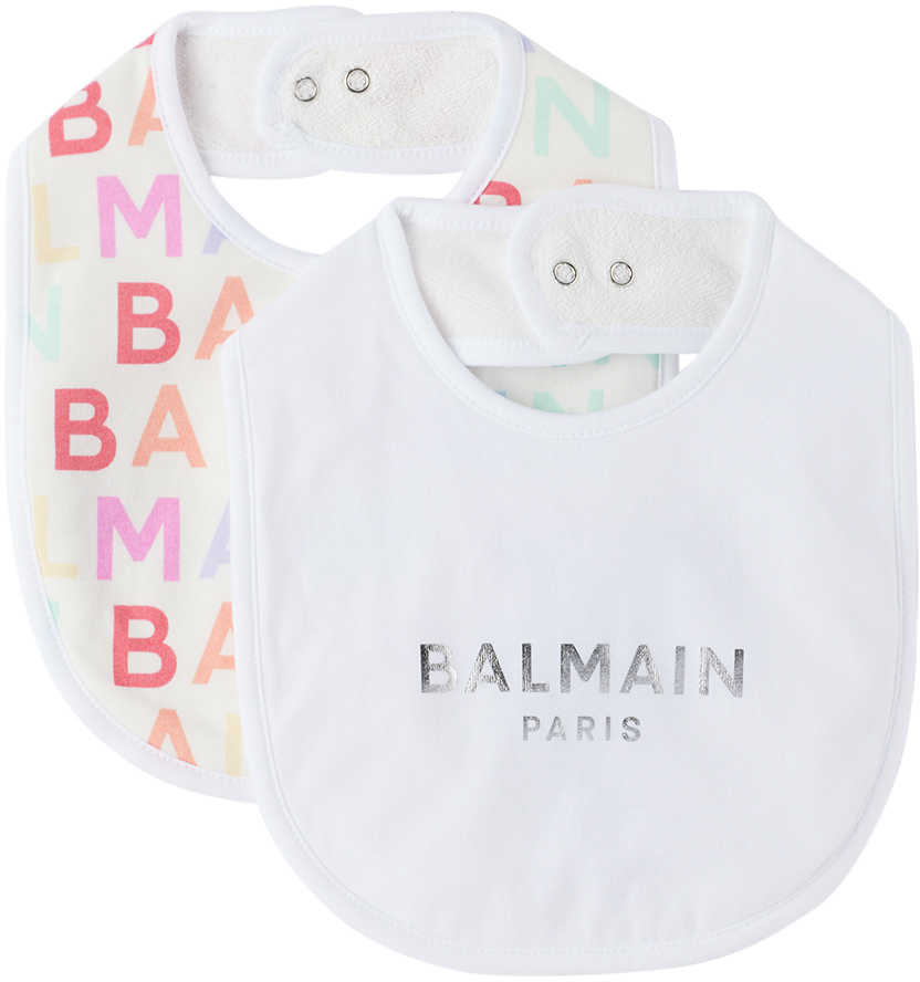 Balmain Two-pack Baby White Printed Bibs In 999 Multicolor