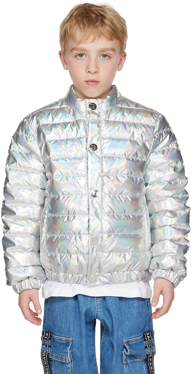 Balmain Kids' Metallic Zip-up Padded Jacket In Silver