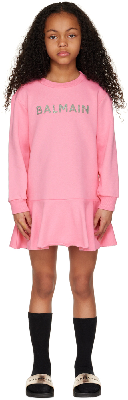 Balmain Drop Waist Cotton Sweatshirt Dress In Pink