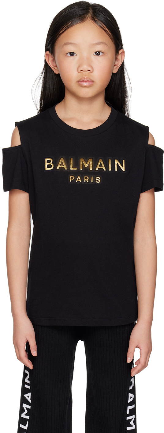 最大99％オフ！ バルマン BALMAIN レディース キッズ 子供服 トップス Tシャツ ※ワンピースとしても着用可 スパンコールボーダー柄  BALMAINロゴ装飾付Tシャツ R58300 121