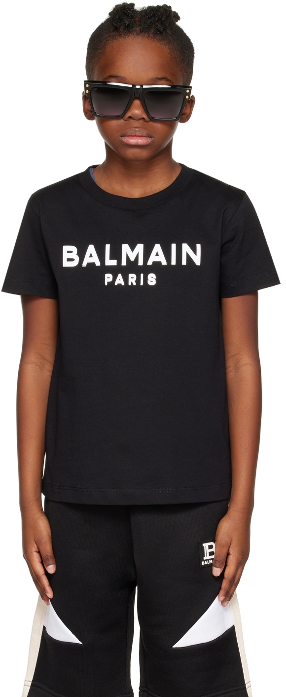 BALMAIN KIDS BLACK FLOCKED T-SHIRT