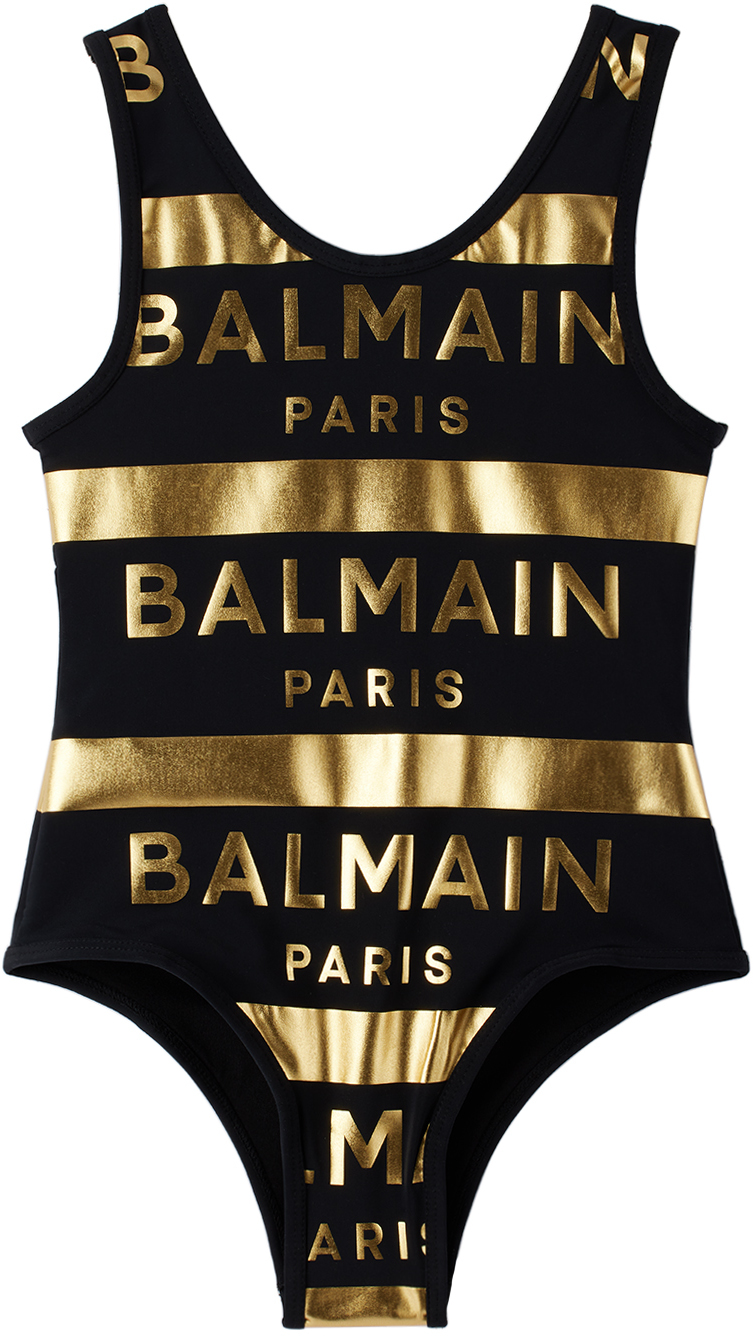 Balmain Striped Lycra One Piece Swimsuit In Black/gold