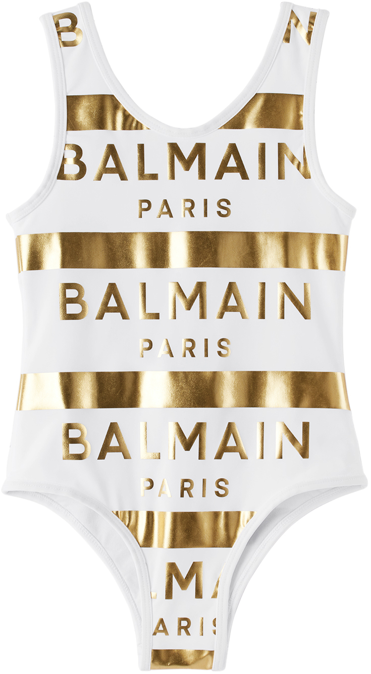 Balmain Kids' Striped Lycra One Piece Swimsuit In White,gold