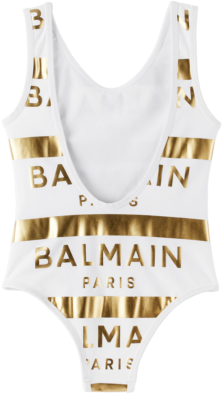 Balmain Striped Lycra One Piece Swimsuit In 100or Wht/gold