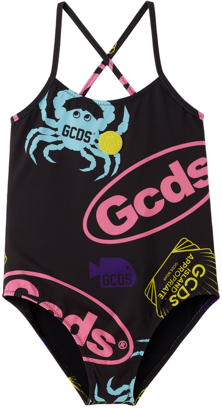 Gcds Kids Black Shell One-piece Swimsuit In 84657 Black  Sea