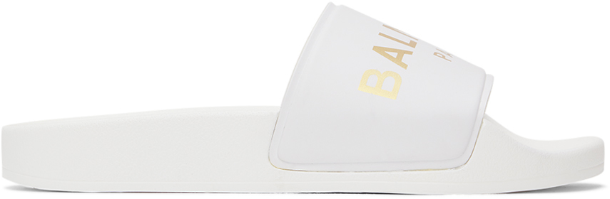 Balmain Logo-print Flat Slides In White