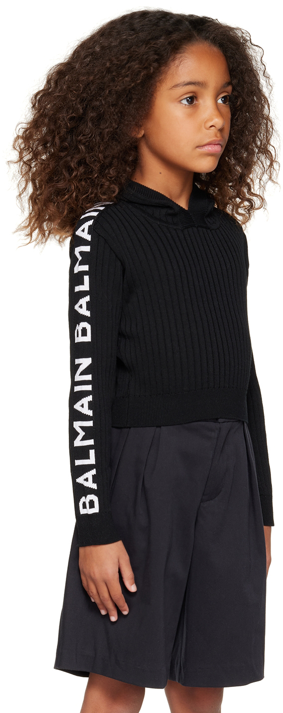 Balmain Kids Black Jacquard Hoodie In 930bc Blk/whtblk/wht