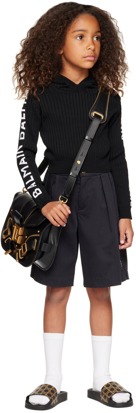 Balmain Kids Black Jacquard Hoodie In 930bc Blk/whtblk/wht