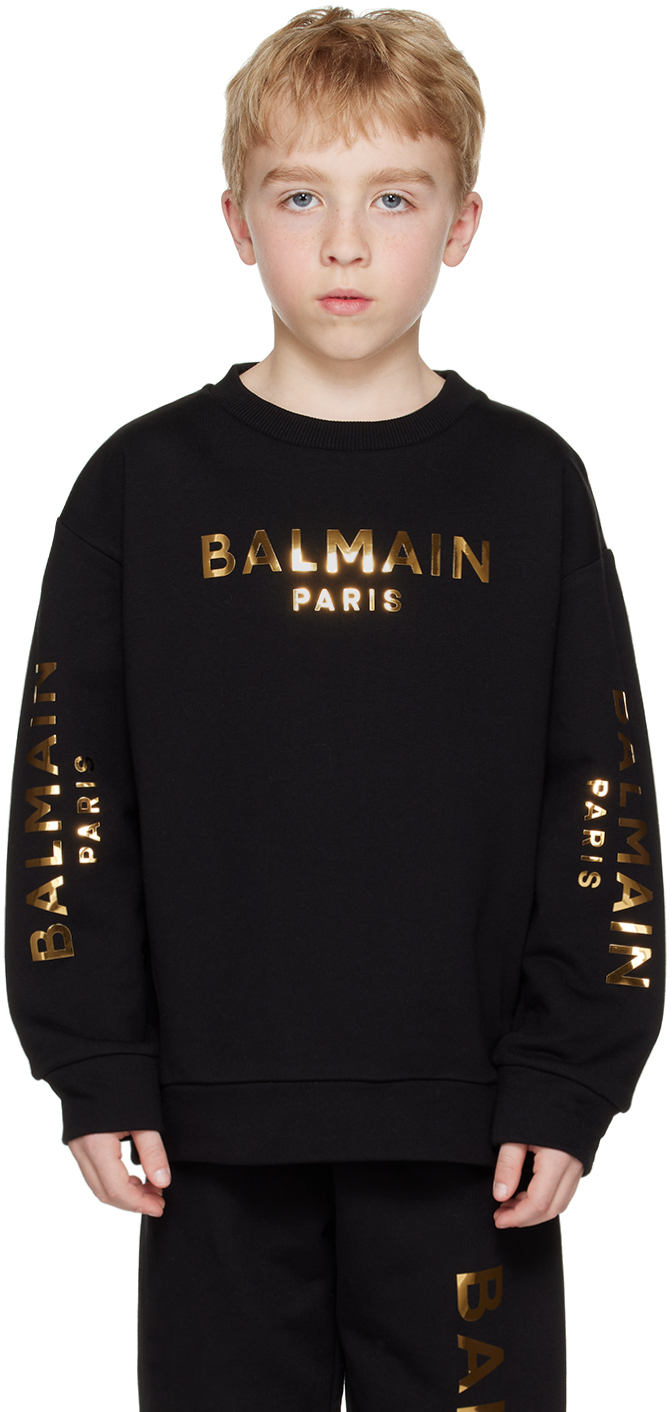 Shop Balmain Kids Black Bonded Sweatshirt In 930or Blk/gold