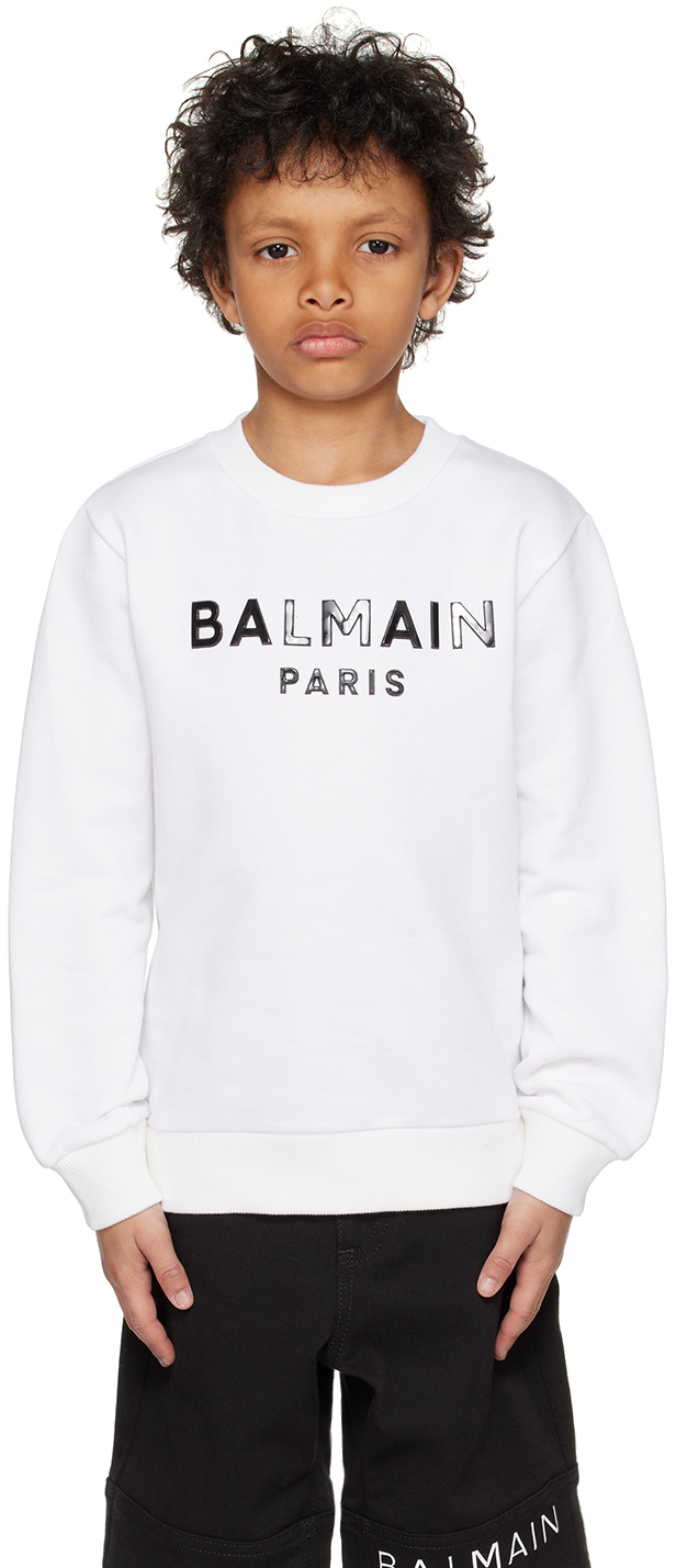 Shop Balmain Kids White Crewneck Sweatshirt In 100ne Wht/blk