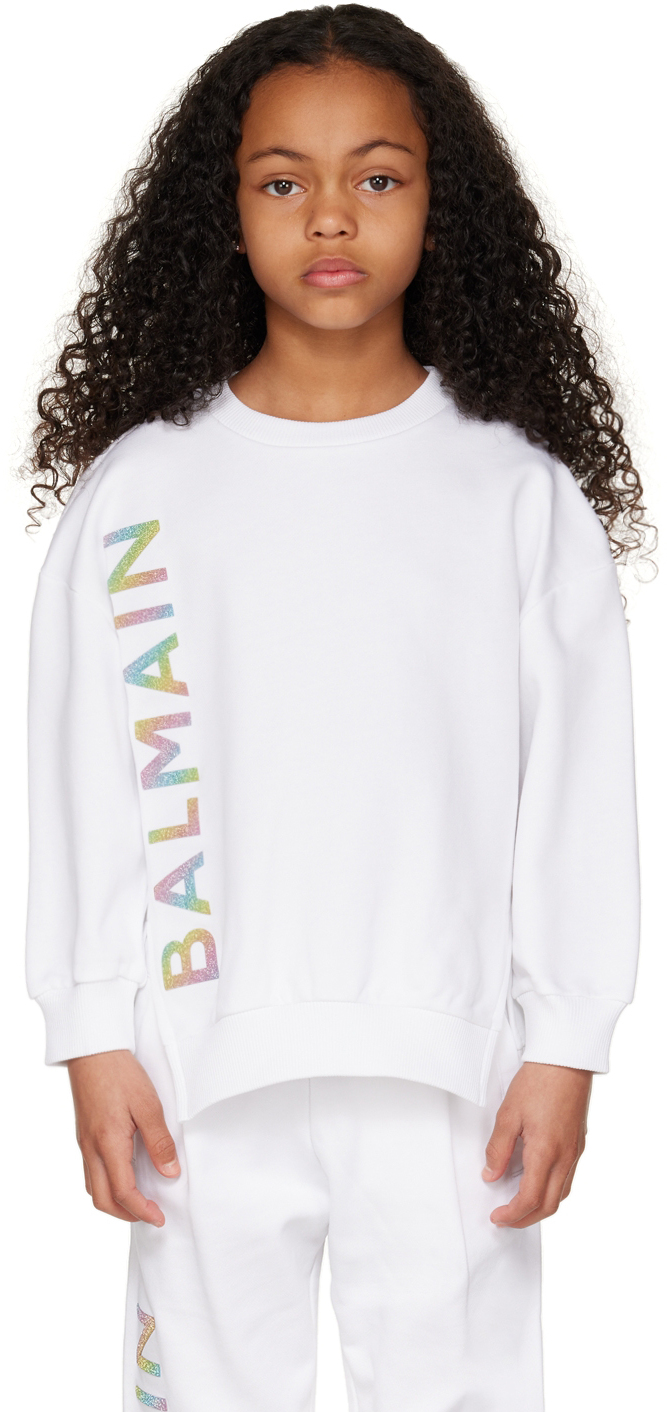 Balmain Teen Girls White Cotton Logo Sweatshirt In Bianco