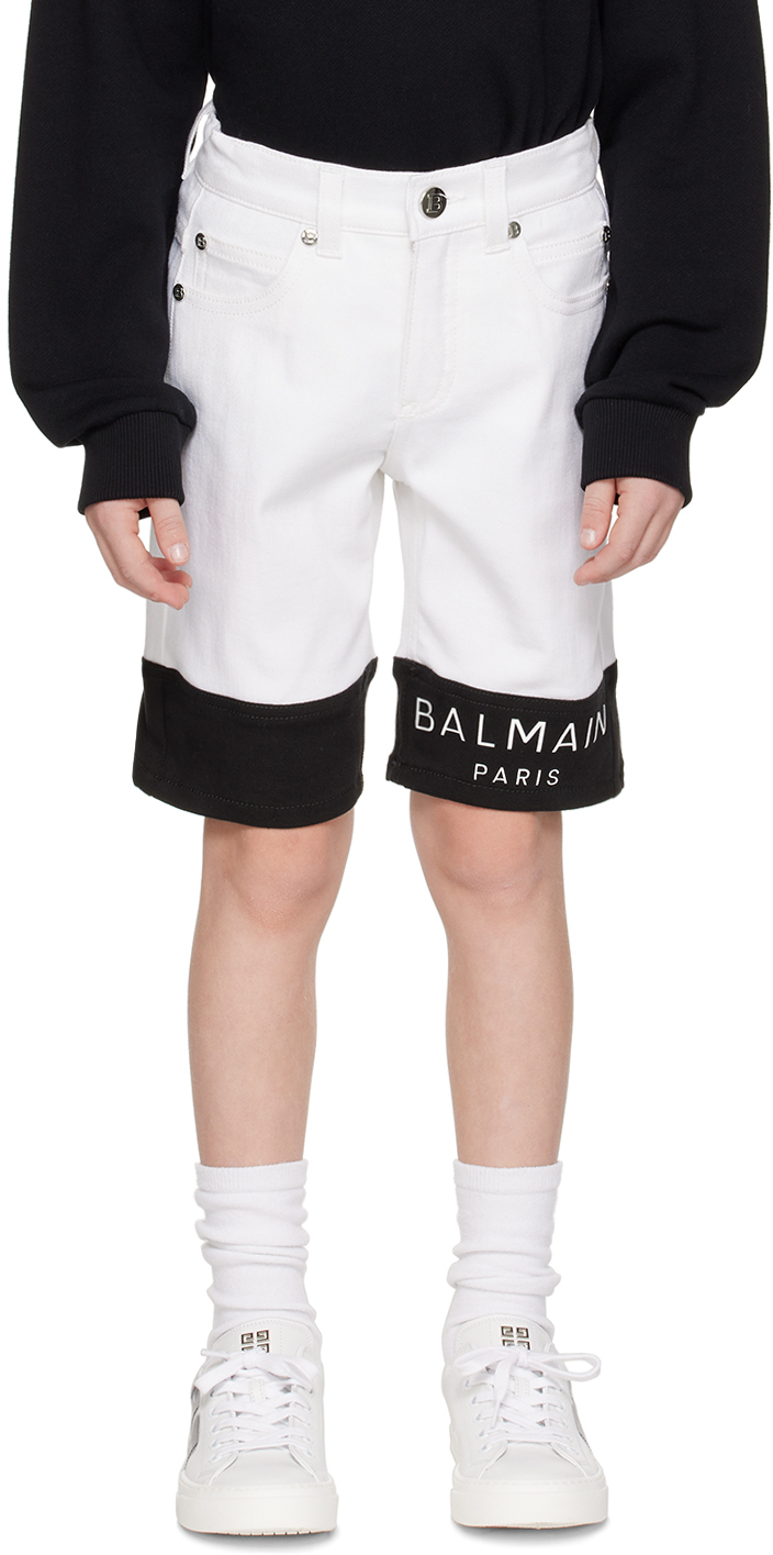 Shop Balmain Kids White Bonded Denim Shorts In 100ne Wht/blk