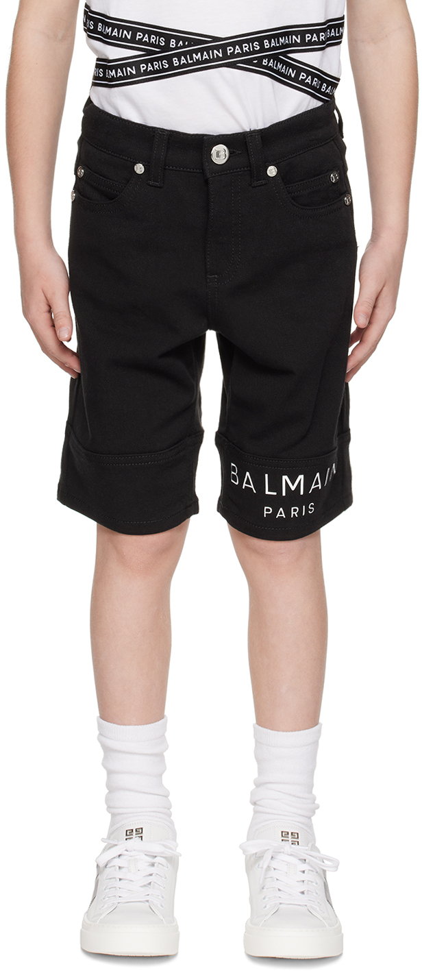 Balmain Kids Black Bonded Denim Shorts In 930 Black