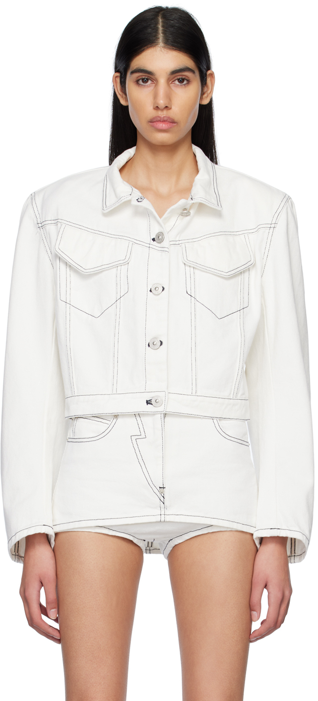 White Cropped Denim Jacket by Pushbutton on Sale