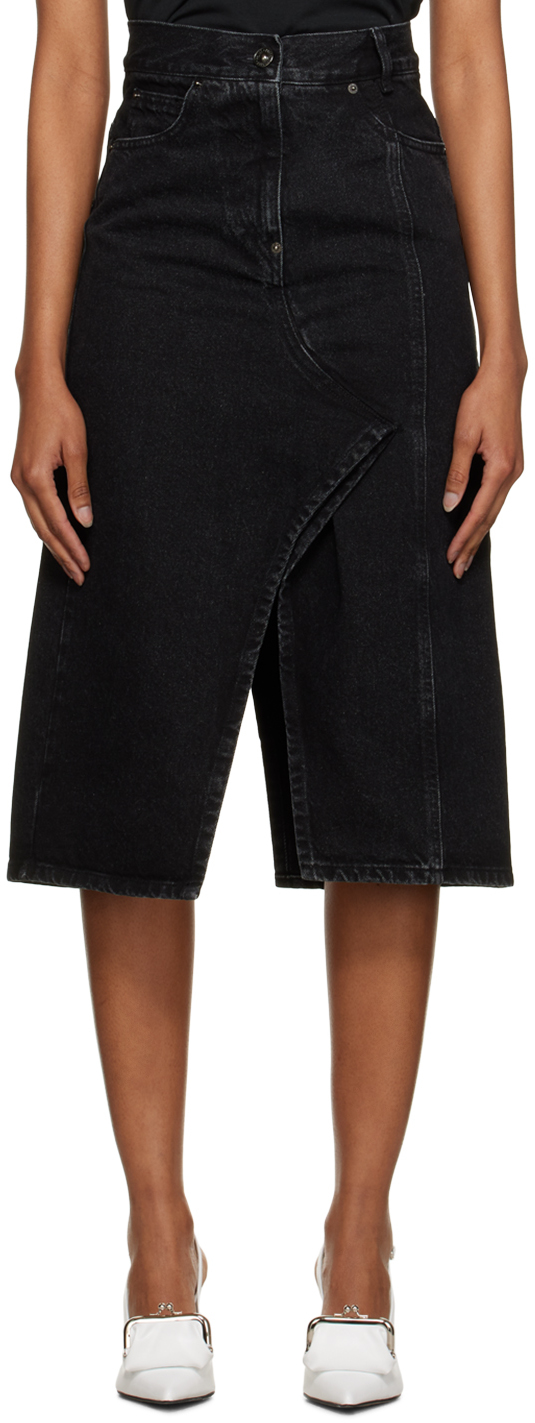 Black Paneled Denim Midi Skirt