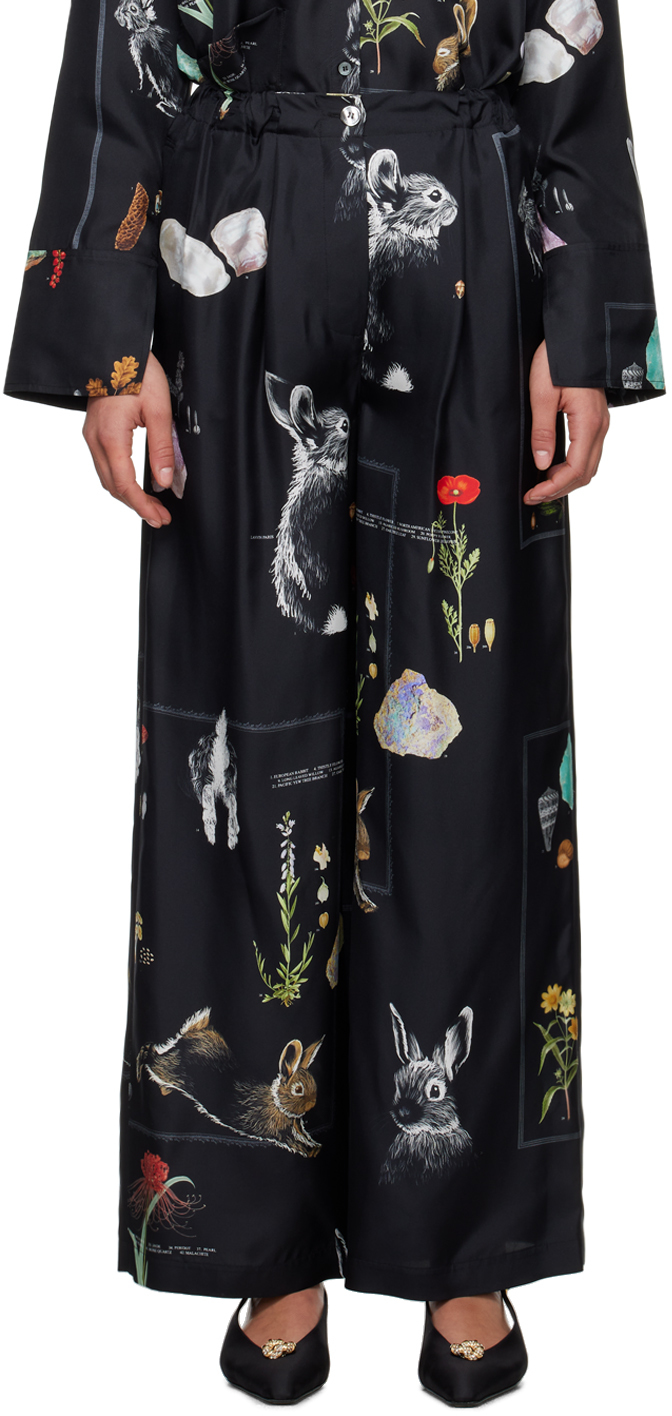 Lanvin Botanica-print Wide-leg Silk Trousers In Black