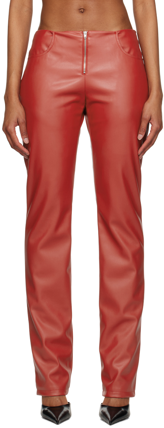 Red Exposed Zip Faux-Leather Trousers
